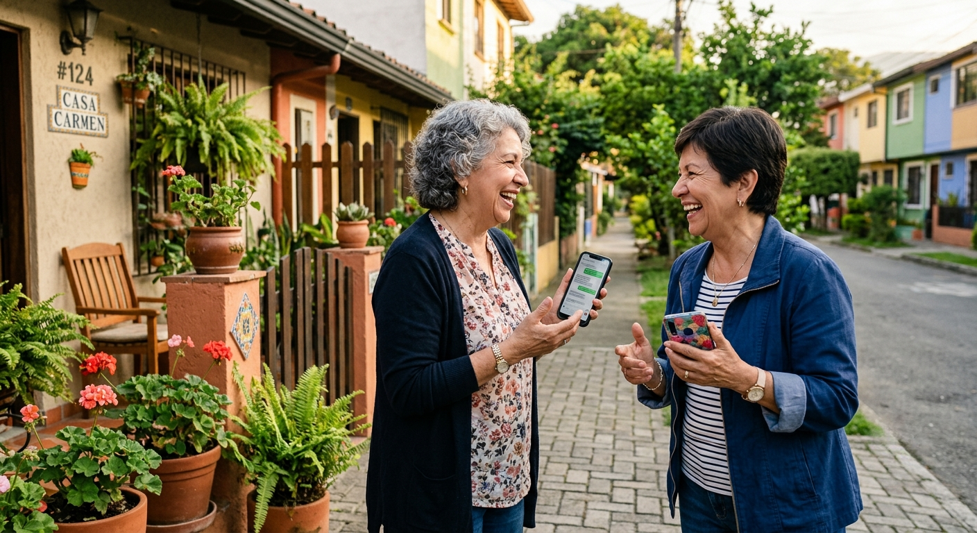 Personas usando celulares frente a una casa