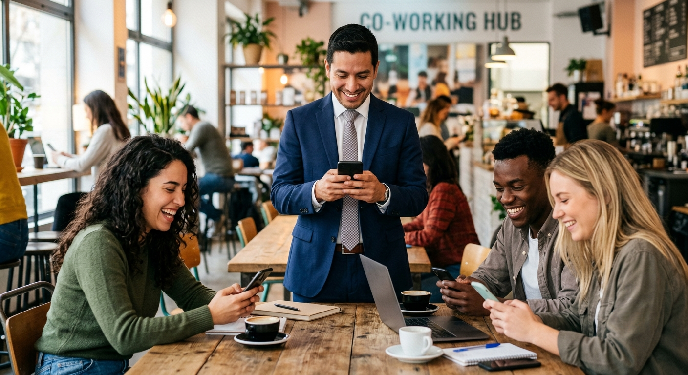 Equipo de distribuidores usando sus teléfonos