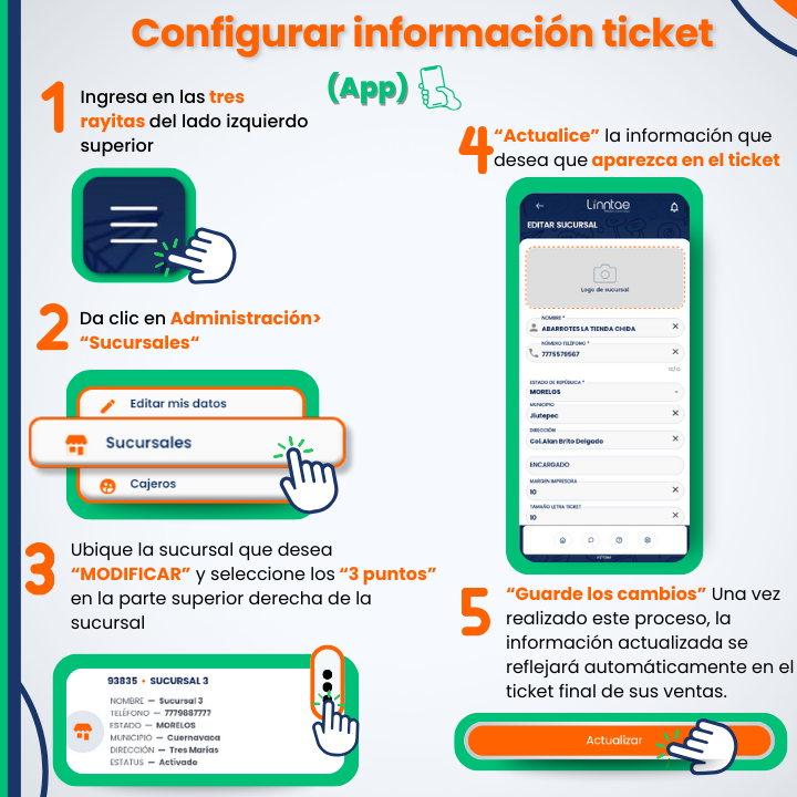 Manual visual para configurar la informacion del ticket en la app Linntae
