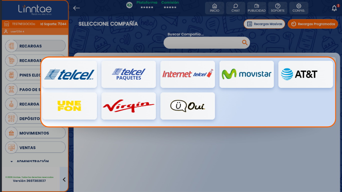 Sistema Linntae mostrando compañías y productos disponibles