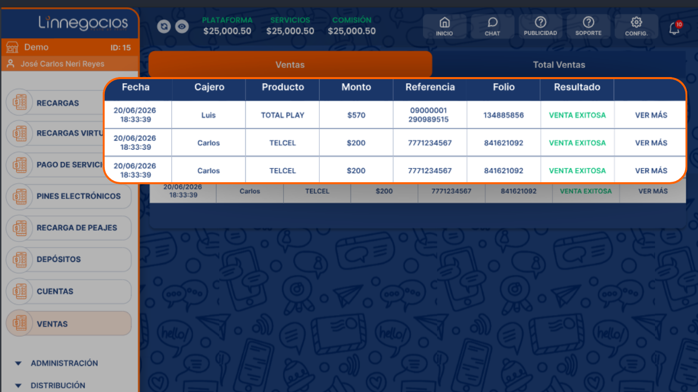 Sistema Linntae mostrando el historial de ventas y operaciones