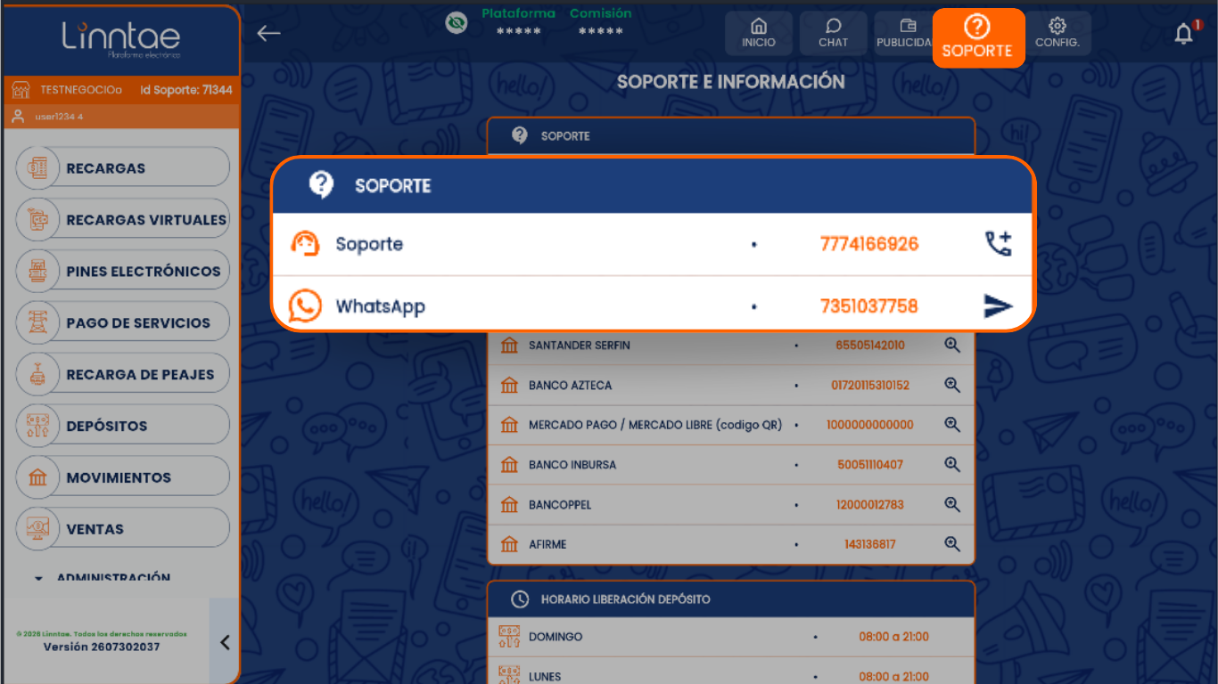 Sistema Linntae mostrando soporte e información de contacto
